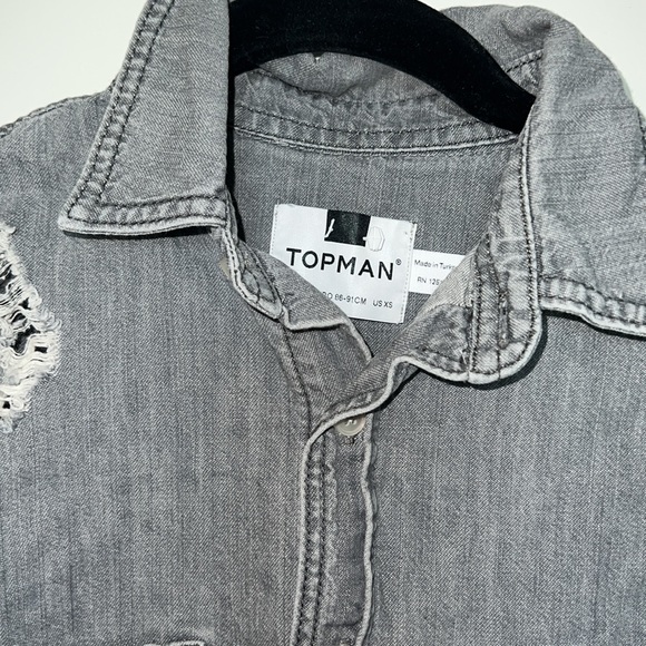 TOPMAN Distressed Gray Denim Button Down MENS Shirt XS - Picture 4 of 8